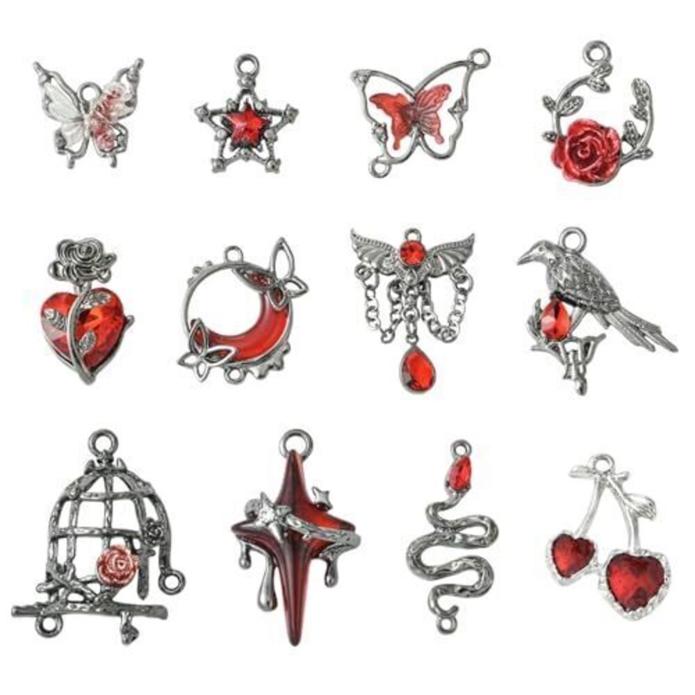 7614 12 Pcs Gothic Charms Red Heart with Rose Cherry Rhinestone Charm